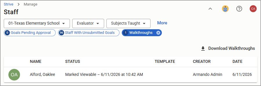 Staff management interface showing the number of walkthroughs and their details in a downloadable table.